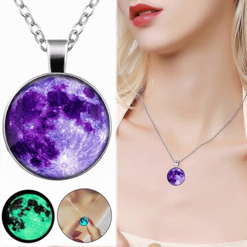 Collar De Luna Llena De Plata Brilla En Oscuridad Luminoso