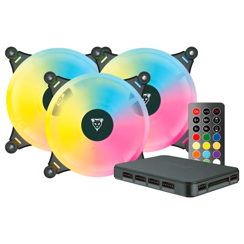 Kit de 3 Ventiladores de 120 mm Ocelot Gaming OFKIT-2, ARGB, para Gabinete, incluye controlador y control remoto.