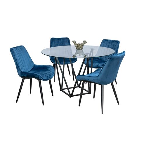 Comedor Java Azul 4 Sillas Redondo Tubular y Cristal.