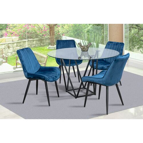 Comedor Java Azul 4 Sillas Redondo Tubular y Cristal.