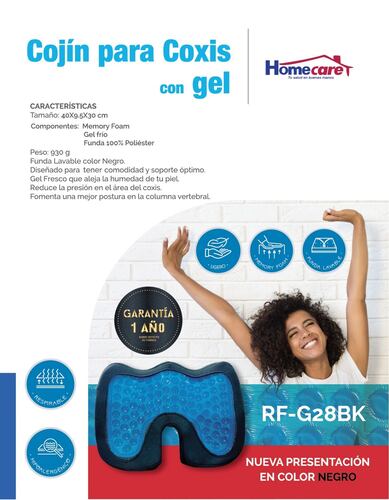 Cojín para Coxis Con Gel Hipoalergénico Negro Ligero Homecare