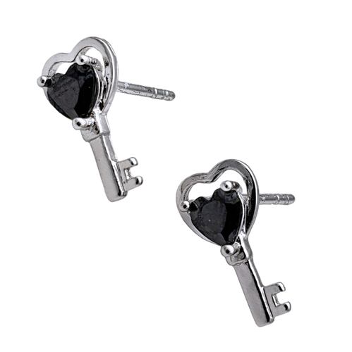 Broqueles en rodio llave corazón negro.