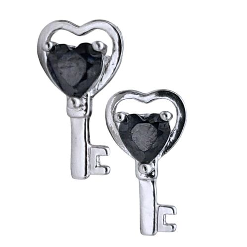 Broqueles en rodio llave corazón negro.
