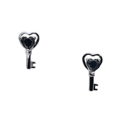 Broqueles en rodio llave corazón negro.