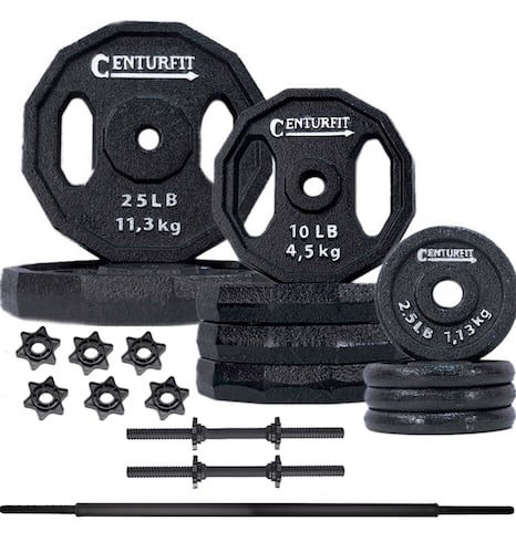 Pesas Set Pesas 100 lbs Discos Barra Recta Mancuernas Gym Negro Centurfit