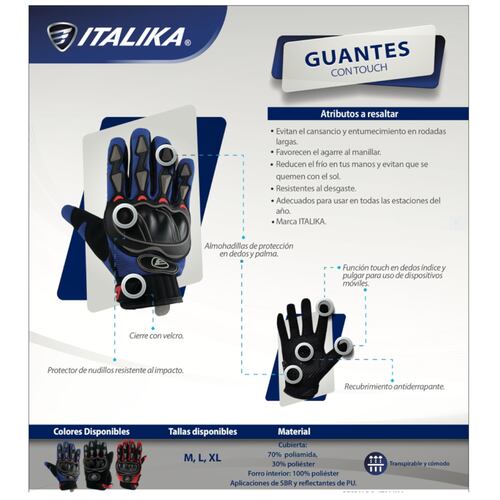 Guantes Moto ITALIKA aptos pantalla táctil protección nudillos ROJOS