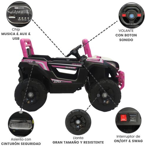 Montable Electrico Control Remoto 5KM/H Musica 12V Luz y Sonido  - Rosa