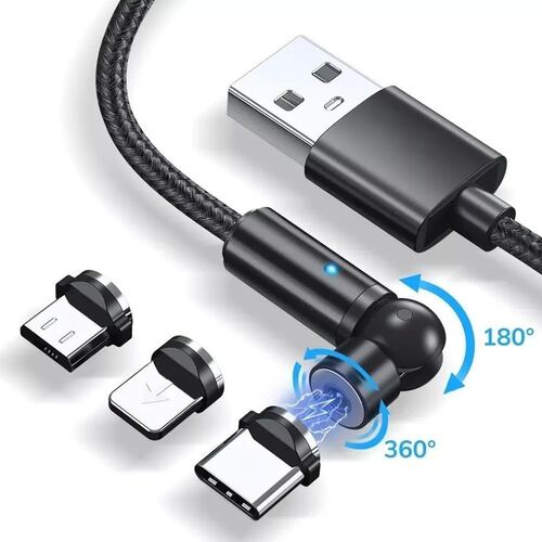 Cable Cargador Usb Magnetico 3 En 1 Rotativo 540 grados 1 Metro Negro.