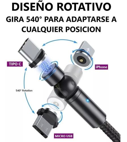 Cable Cargador Usb Magnetico 3 En 1 Rotativo 540 grados 1 Metro Negro.