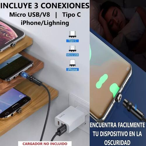 Cable Cargador Usb Magnetico 3 En 1 Rotativo 540 grados 1 Metro Negro.