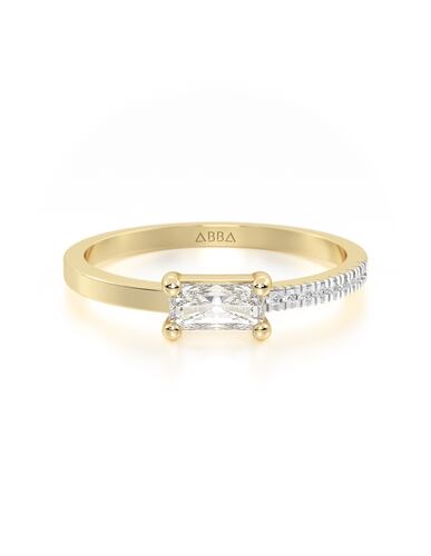 ANILLO DE COMPROMISO 10K ORO AMARILLO BAGUETTE DOBLE VISTA ABBA JOYAS.