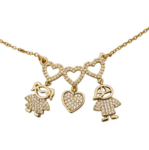 Collar en chapa de oro y circonitas corazones, niño y niña.