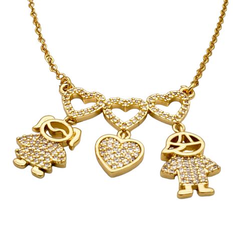 Collar en chapa de oro y circonitas corazones, niño y niña.