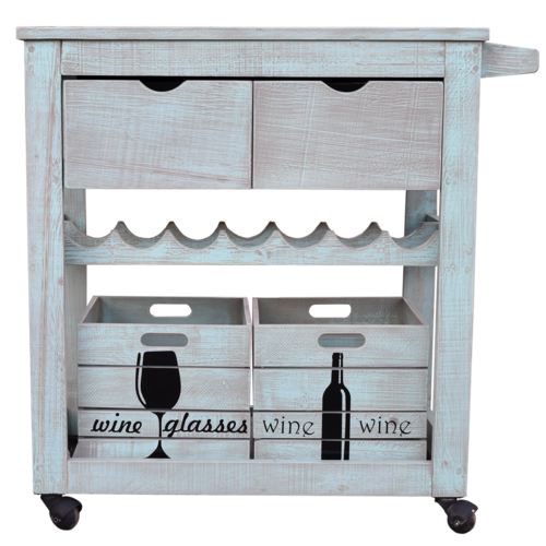 Carro de Servicio Hogare-Estilo Vintage- Incluye Dos amplios cajones- Caja Porta Copas-Caja Porta vinos- Cava- Fabricado 100% en Madera-Color Verde Vintage