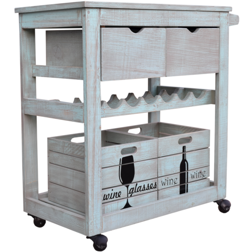 Carro de Servicio Hogare-Estilo Vintage- Incluye Dos amplios cajones- Caja Porta Copas-Caja Porta vinos- Cava- Fabricado 100% en Madera-Color Verde Vintage