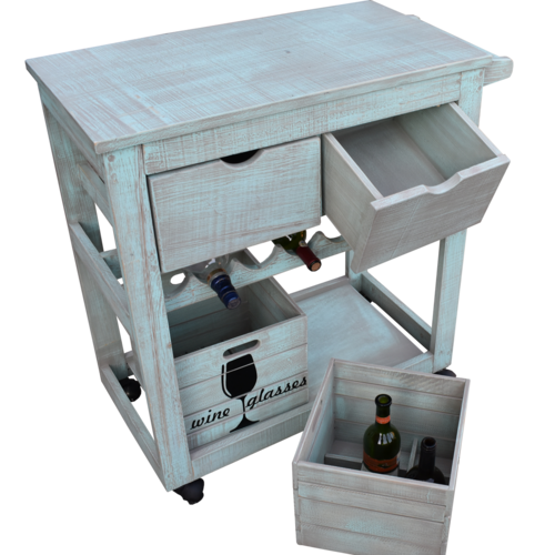 Carro de Servicio Hogare-Estilo Vintage- Incluye Dos amplios cajones- Caja Porta Copas-Caja Porta vinos- Cava- Fabricado 100% en Madera-Color Verde Vintage