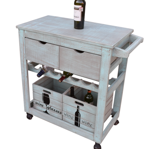 Carro de Servicio Hogare-Estilo Vintage- Incluye Dos amplios cajones- Caja Porta Copas-Caja Porta vinos- Cava- Fabricado 100% en Madera-Color Verde Vintage