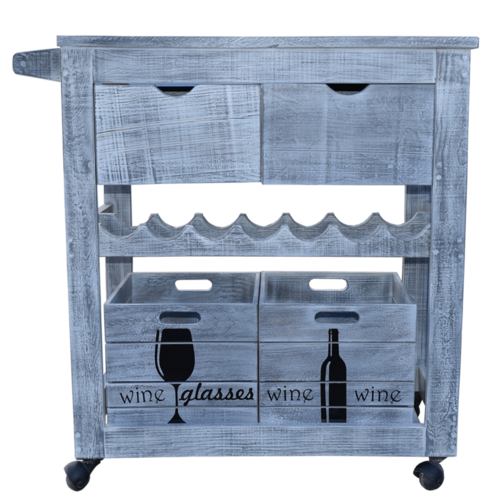 Carro de Servicio Hogare Estilo Vintage Incluye Dos amplios cajones Caja Porta Copas Caja Porta vinos Cava Fabricado 100% en Madera Color Gris Vi