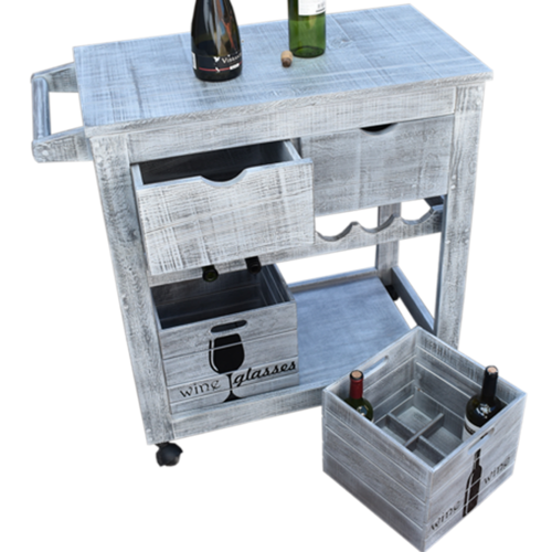 Carro de Servicio Hogare Estilo Vintage Incluye Dos amplios cajones Caja Porta Copas Caja Porta vinos Cava Fabricado 100% en Madera Color Gris Vi