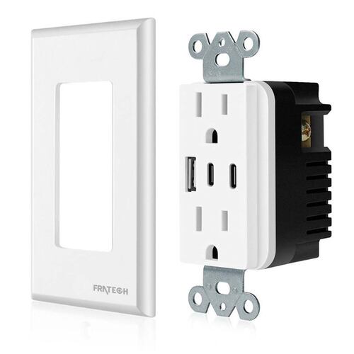 Contacto Duplex, 30W 15 A. Puertos USB y USB-C para dispositivos iOS y Android..