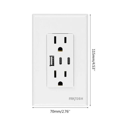 Contacto Duplex, 30W 15 A. Puertos USB y USB-C para dispositivos iOS y Android..