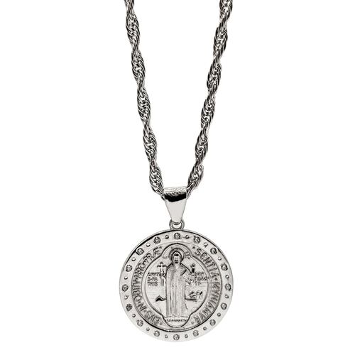 Medalla san benito plata .925 con cadena torzal y baño de rodio blanco.