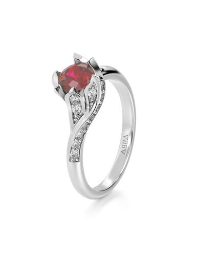 ANILLO DE COMPROMISO 10K ORO BLANCO CON PIEDRA ROJA BELLA ABBA JOYAS.