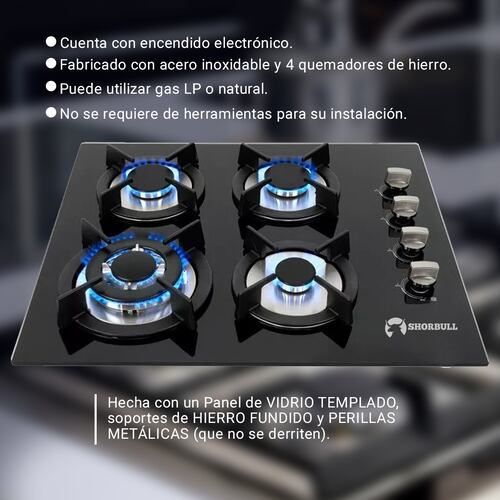 Parrilla Estufa 4 Cuatro Quemadores Vidrio Templado Shorbull