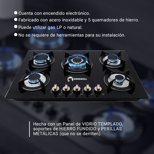Parrilla Estufa 5 Cinco Quemadores Vidrio Templado Shorbull.