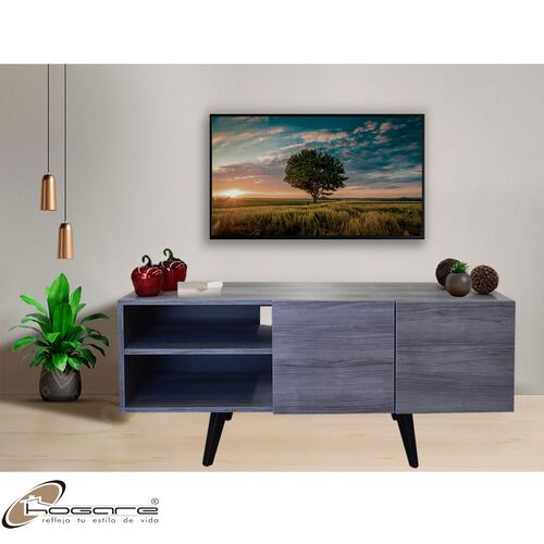 Mueble para TV Suecia, Centro de Entretenimiento Diseño moderno, Amplios espacios, 1 puerta, Con Patas de Madera Color Gris