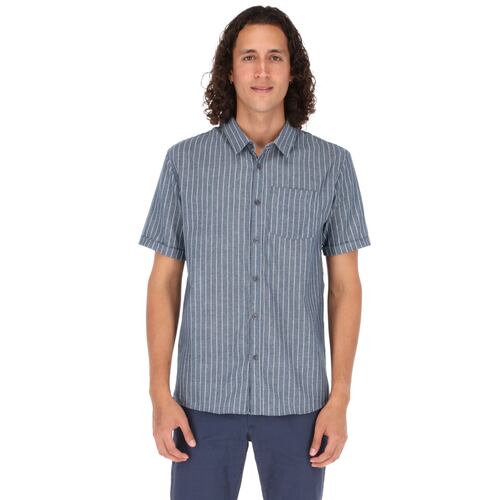 Camisa Manga Corta Slim Fit Azul Marino de Rayas.