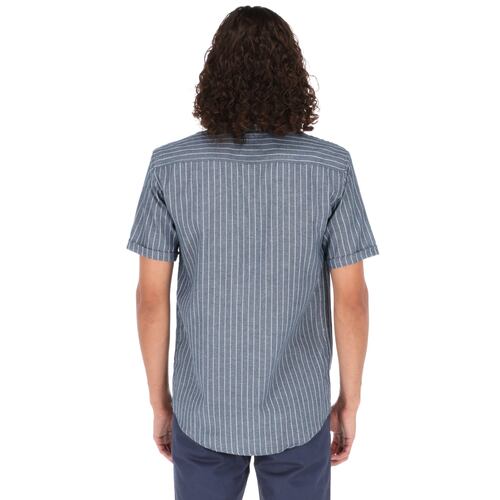 Camisa Manga Corta Slim Fit Azul Marino de Rayas.