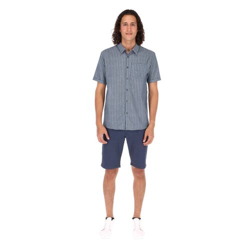 Camisa Manga Corta Slim Fit Azul Marino de Rayas.