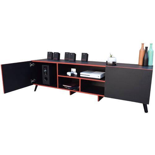 Mueble para TV 80 pulgadas, Centro de entretenimiento Europa Hogare, Rack para TV,  Repisas ajustable, Elaborado en melamina, Fácil armado, Color Negro Rojo