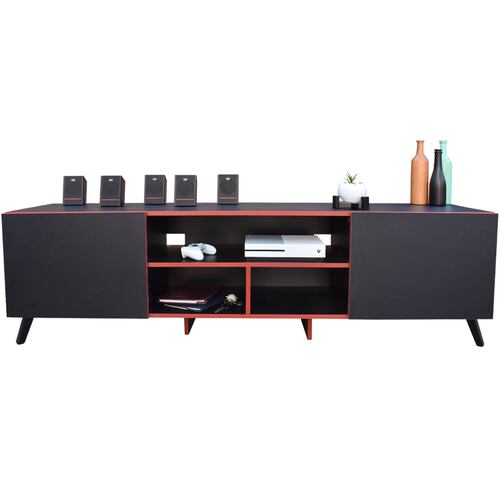 Mueble para TV 80 pulgadas, Centro de entretenimiento Europa Hogare, Rack para TV,  Repisas ajustable, Elaborado en melamina, Fácil armado, Color Negro Rojo