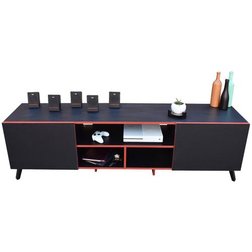 Mueble para TV 80 pulgadas, Centro de entretenimiento Europa Hogare, Rack para TV,  Repisas ajustable, Elaborado en melamina, Fácil armado, Color Negro Rojo