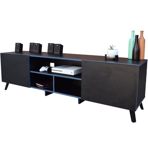 Centro de entretenimiento Europa Hogare, Rack para TV, Amplios espacios, Repisas ajustable, Elaborado en melamina, Fácil armado, Color Negro Enchapado Azul