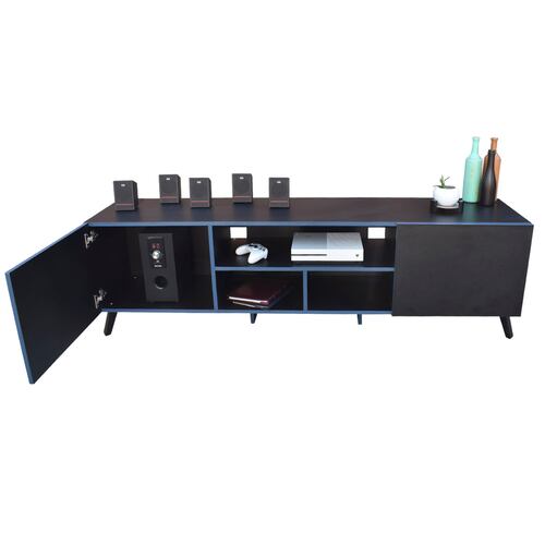 Centro de entretenimiento Europa Hogare, Rack para TV, Amplios espacios, Repisas ajustable, Elaborado en melamina, Fácil armado, Color Negro Enchapado Azul