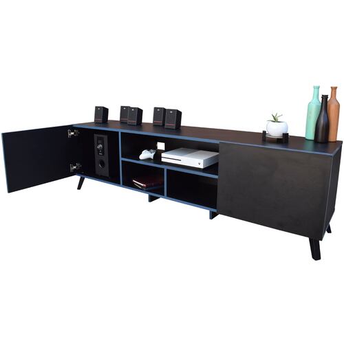 Centro de entretenimiento Europa Hogare, Rack para TV, Amplios espacios, Repisas ajustable, Elaborado en melamina, Fácil armado, Color Negro Enchapado Azul
