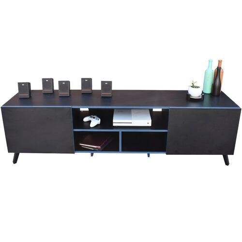 Centro de entretenimiento Europa Hogare, Rack para TV, Amplios espacios, Repisas ajustable, Elaborado en melamina, Fácil armado, Color Negro Enchapado Azul