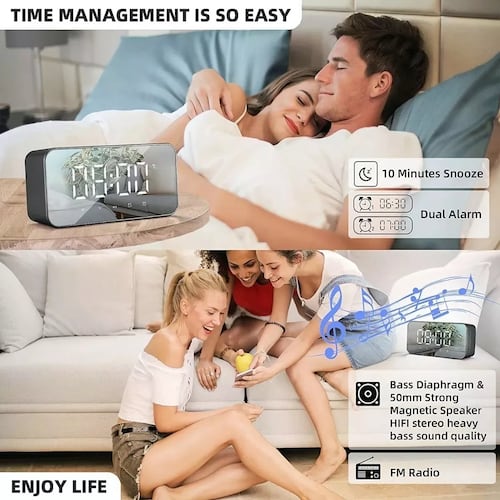 Reloj Despertador Digital Bocina Bluetooth Y Radio Fm Negro