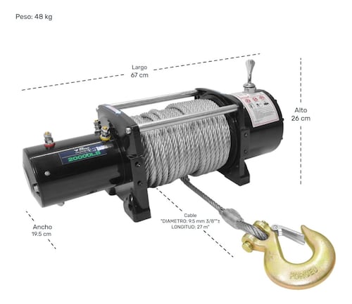 Winch Electrico Jeep 20000 Lb Cable Acero 27m 12v 9072 Kg
