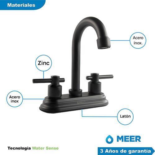 CNX Meer Faucets Kit de Mezcladora y Accesorios para Baño de Acero Inoxidable, Latón y Zinc en Acabado Negro Mate