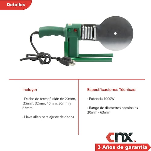 CNX Termofusora 1000W, 110 V, Incluye 6 Dados (Medidas: 20mm, 25mm, 32 mm, 40mm, 50mm y 63mm), Termofusora para PVC, CPVC Y PP-R con Maletín para Fácil Transporte, Incluye Tijeras para Cortar Tubo