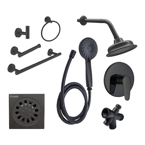 Meer Faucets by CNX - Kit Completo de Regadera y Accesorios para Baño Negro Mate - Incluye Regadera con Cuello, Telefono, Mezcladora, Resumidero, Desviador, Portarollos de Papel y 3 Toalleros.