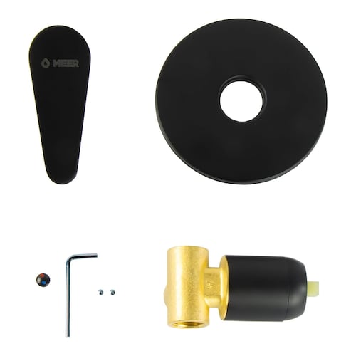 Meer Faucets by CNX - Kit Completo de Regadera y Accesorios para Baño Negro Mate - Incluye Regadera con Cuello, Telefono, Mezcladora, Resumidero, Desviador, Portarollos de Papel y 3 Toalleros.