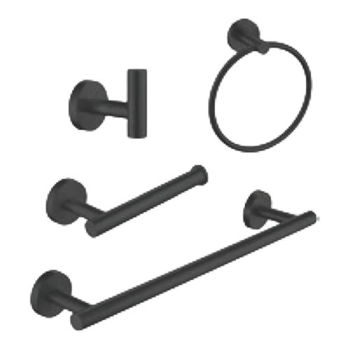 Meer Faucets by CNX - Kit Completo de Regadera y Accesorios para Baño Negro Mate - Incluye Regadera con Cuello, Telefono, Mezcladora, Resumidero, Desviador, Portarollos de Papel y 3 Toalleros.