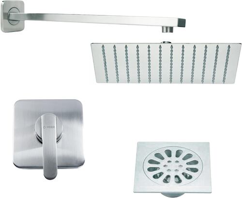 MEER Faucets by CNX - Kit de Regadera con Cuello, Resumidero y Mezcladora Monomando en Acabado Satinado. Kit de Regadera para Baño.