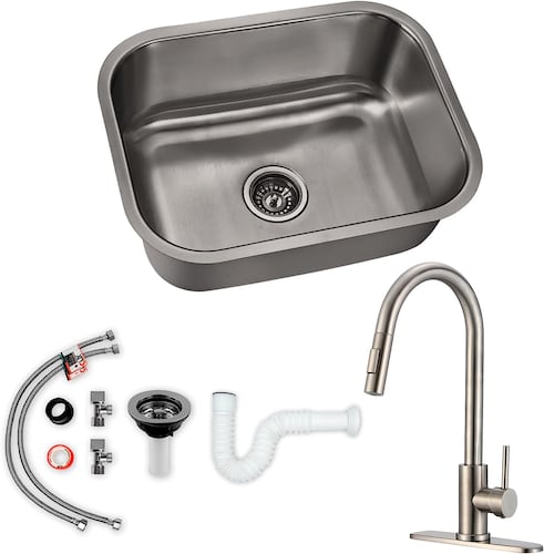 CNX Fregadero de Cocina Sencillo (Tarja Sencilla en Acero Inoxidable, 59 x 45 cm), incluye Mezcladora Monomando y Kit de Instalación