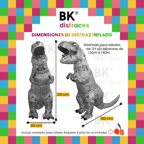 Disfraz inflable de dinosaurio T-rex premium halloween Talla unitalla edades 12 en adelante.